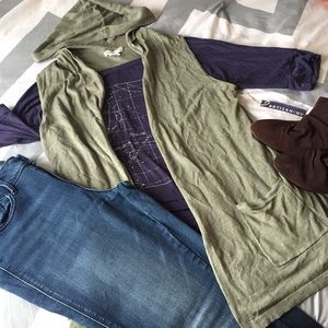 Olive hooded open cardi-vest with pockets